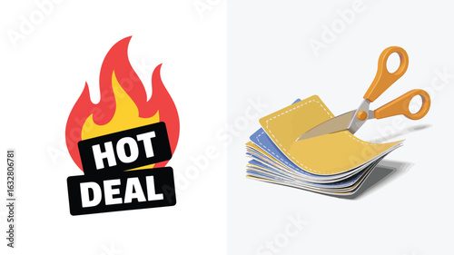 Fiery hot deal sign next to scissors cutting paper stack