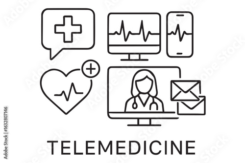 digital healthcare revolution, telemedicine health icons, virtual doctor, remote medical care, health tech, healthcare app, telemedicine, healthcare and medical icon set