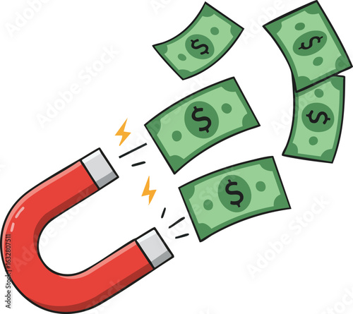 Magnet attracting flying dollar bills money concept vector illustration for financial success and wealth generation 