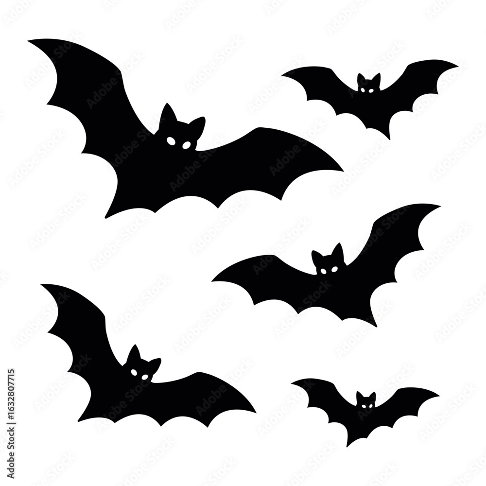 Fototapeta premium Flying Bat Silhouette Set – Halloween Black Bat Vector Illustration