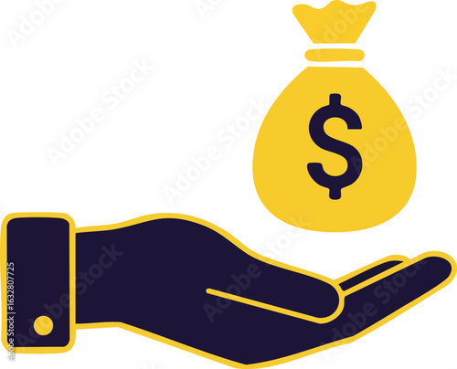 Hand holding money bag with dollar sign icon financial concept vector illustration in black and yellow colors