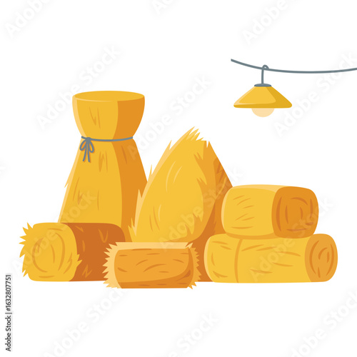 Farm scene with hay bales and a hanging lamp