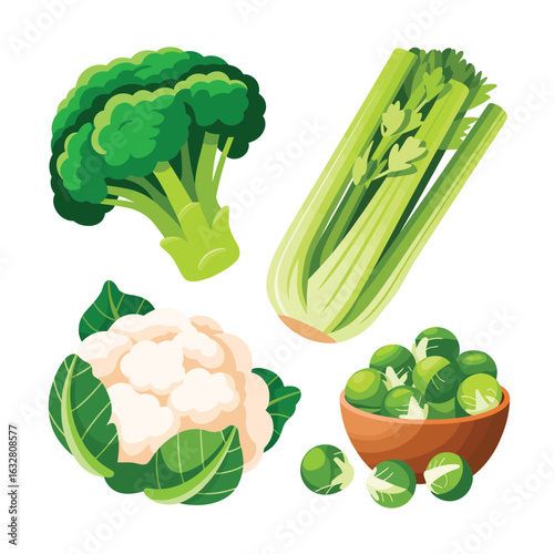 Assortment of fresh green and white vegetables including broccoli cauliflower celery and brussels sprouts