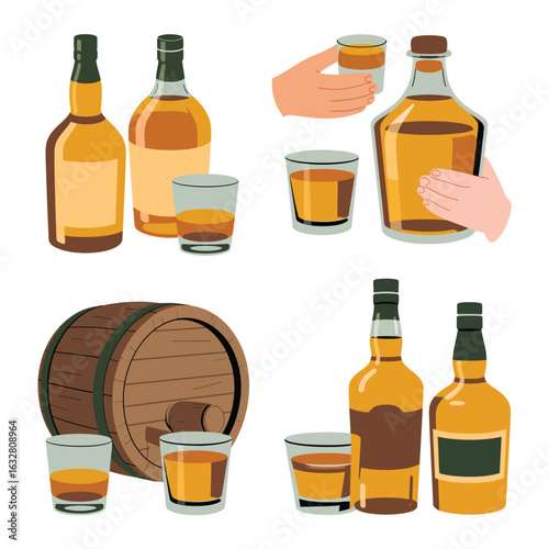 Collection of whiskey bottles glasses and barrel for alcoholic beverage advertising
