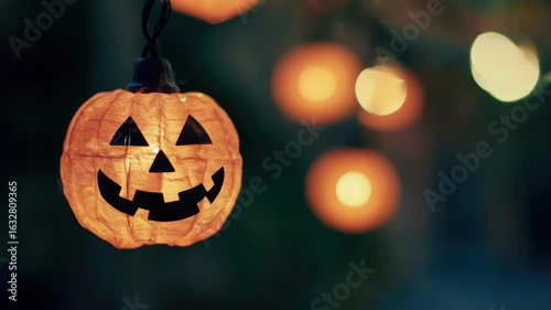 A lit pumpkin lantern hanging from a string in a warm autumn setting