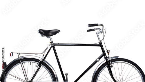 Classic black dutch city bicycle with fenders and saddle against a stark black background