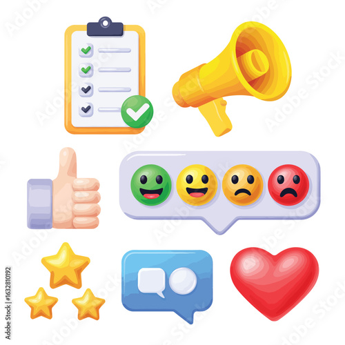 Collection of customer feedback and satisfaction icons including a checklist thumbs up stars and emojis