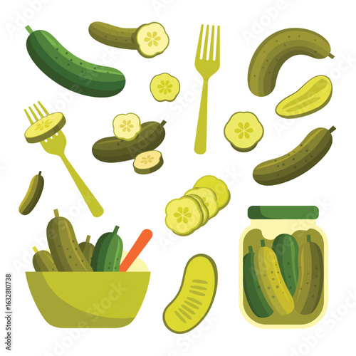 Collection of fresh cucumbers and pickles in a jar and bowl