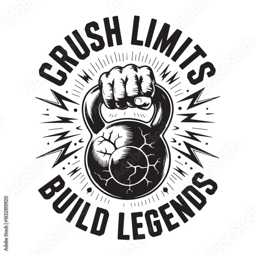 Crush Limits Build Legends Gym Vector with Kettlebell and Fist Illustration, Isolated White Background