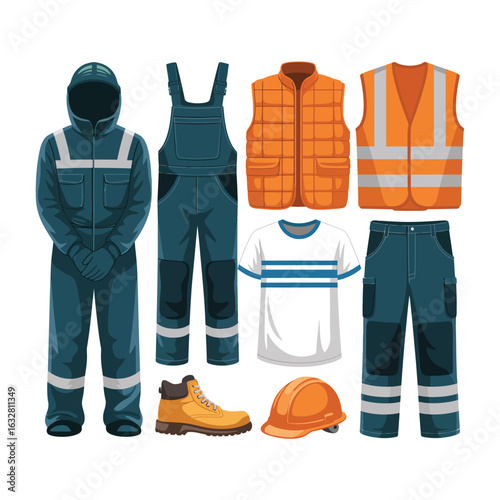 Collection of construction worker safety clothing and gear