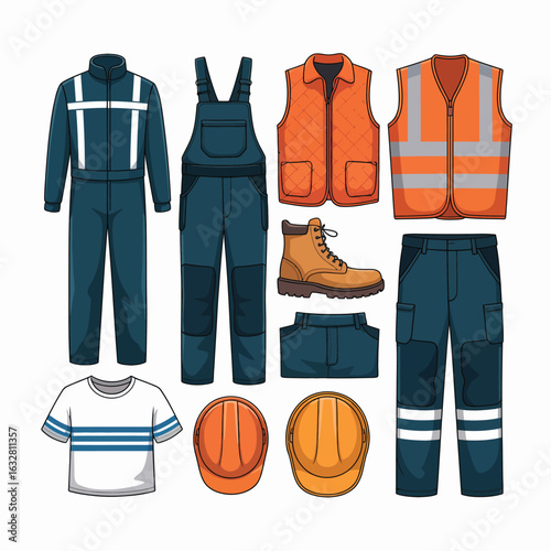 Collection of construction worker safety clothing and gear