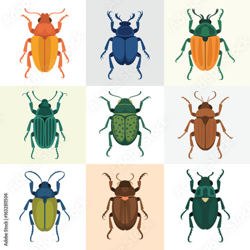 Collection of colorful scarab beetles in a grid pattern