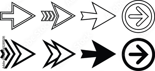 Collection of arrow symbols pointing right direction with various styles and forms for design and navigation purposes black and white