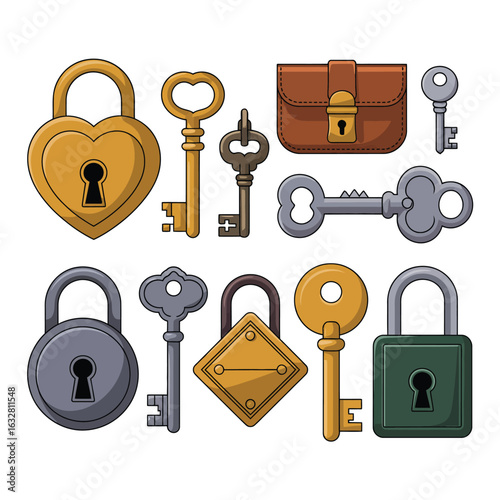Collection of vintage locks and keys in various styles and colors
