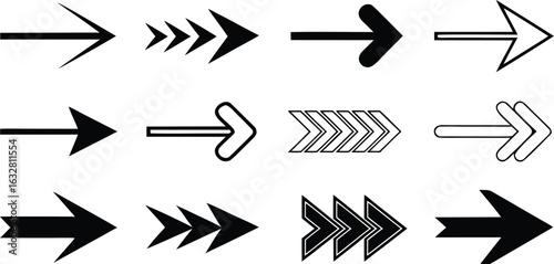 Collection of Diverse Arrow Icons Pointing Rightward for Graphic Design and Visual Communication Purposes across Various Projects