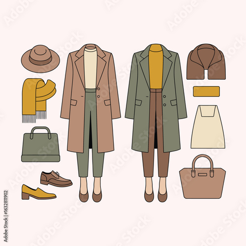 Fashionable outfits with coats scarves hats and bags