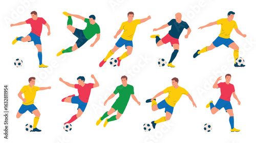 Collection of diverse soccer players in action poses