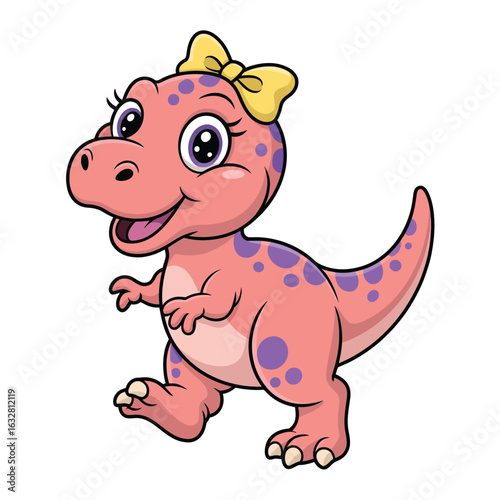 Cute cartoon pink baby tyrannosaurus rex dinosaur with a yellow bow