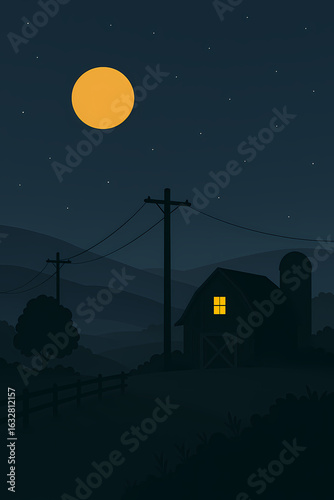 Minimalist Suburban Night Scene with Full Moon and Power Lines
