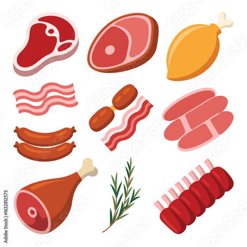Assortment of raw meats and bacon with rosemary herb