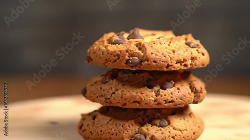 Fresh chocolate chip cookies stacked on a rustic wooden surface.