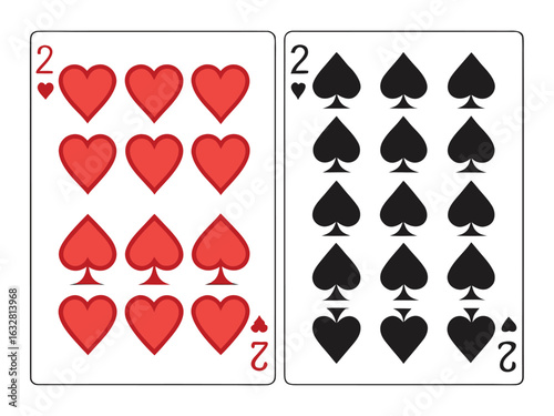 Two of Hearts and Two of Spades Playing Cards Game Strategy and Chance Gamble for Winning Hand with Numeric Value