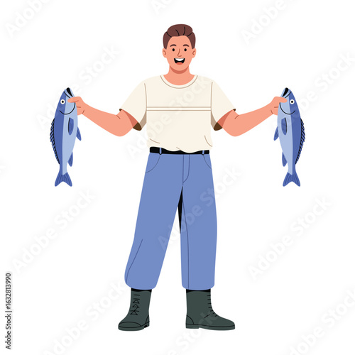 Happy fisherman holding two freshly caught fish