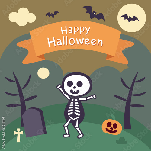 Cartoon skeleton dances happily with bats flying during Halloween night party