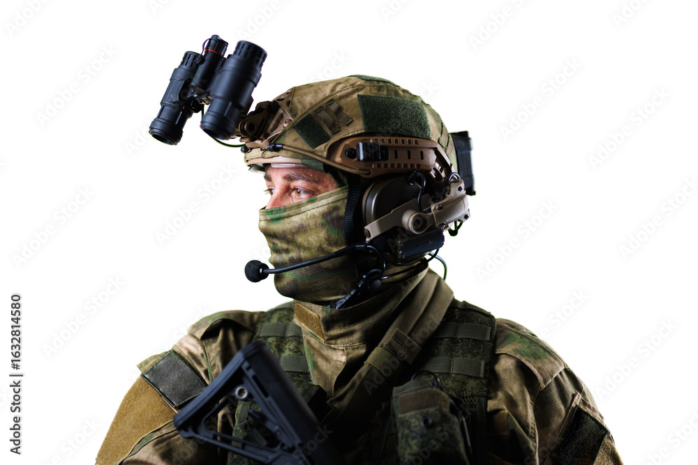 Fototapeta premium Military soldier equipped with advanced tactical gear and night vision devices