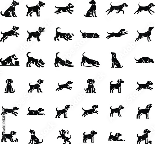 Dog silhouettes in various poses for pet lovers and animal-themed designs
