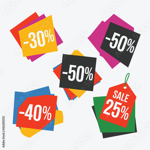 Collection of colorful discount tags with percentages off for sales and promotions