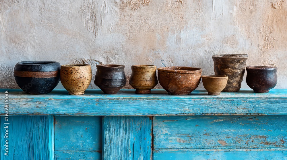 Obraz premium Set of handcrafted clay dishes arranged on a blue wooden table with a white background