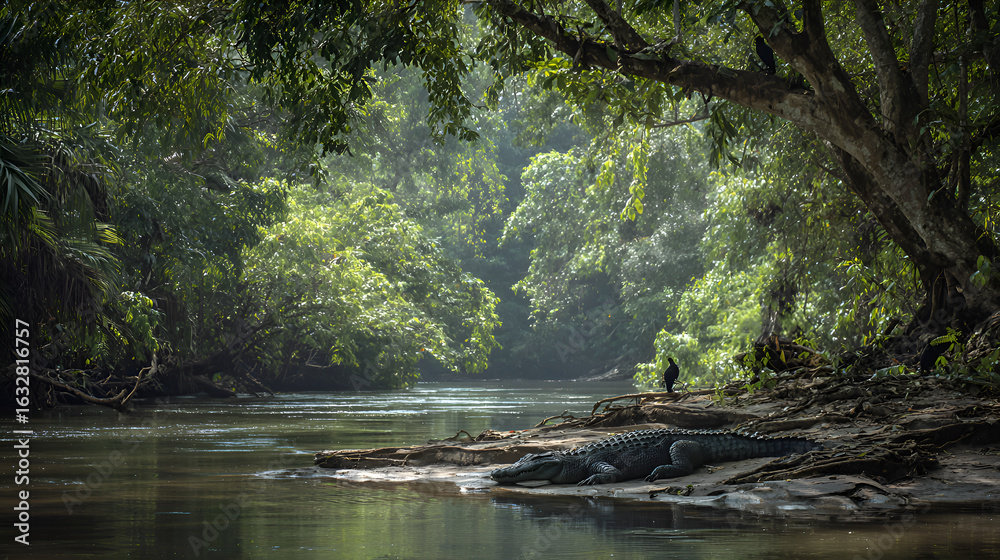 Fototapeta premium Crocodile resting on riverbank in lush tropical rainforest