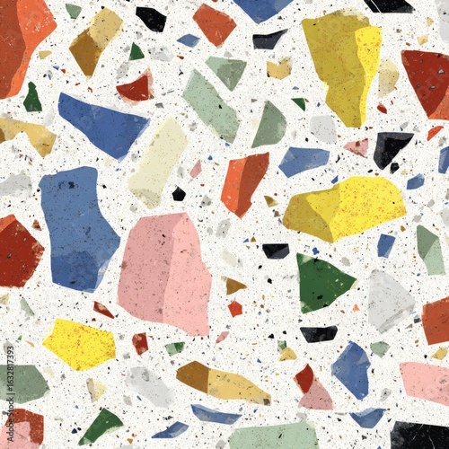 Vibrant terrazzo stone pattern with multicolored fragments including pink, yellow, white, black and teal pieces scattered on gray background creating modern decorative surface