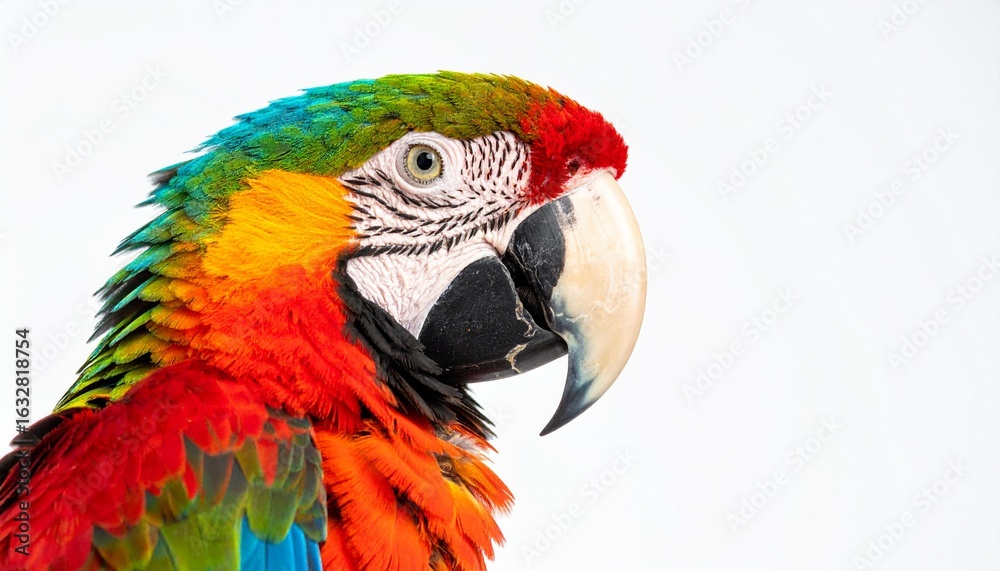 Fototapeta premium 白背景に際立つマコウインコのカラフルな羽と特徴的なくちばしが魅せる自然美と鮮烈な個性 