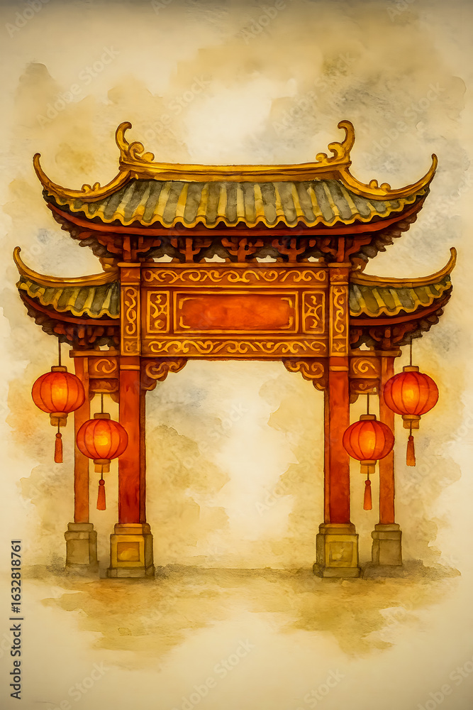 Fototapeta premium Traditional Chinese Temple Gate Watercolor with Golden Details and Red Lanterns