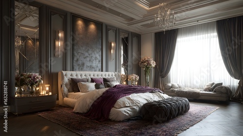 Luxury Bedroom Interior Design with Elegant Furniture and Modern Style: Cozy Ambiance & Plush Bedding Adorned by Chic Curtains, Textured Walls, and Inviting Home Decor