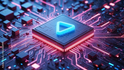 Futuristic technology background with circuit board and play button illustration