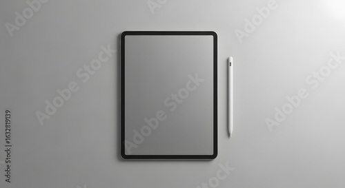 Minimal top-down shot of a digital tablet with a white stylus placed neatly on a light gray matte background. Clean, elegant, modern workspace concept.