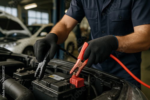 Mechanic connecting jumper cables to a car battery in a garage for a jump start service call