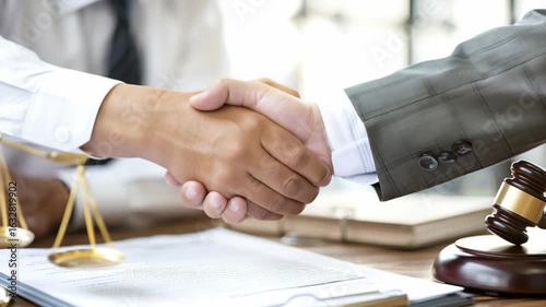 In professional setting, handshake seals business agreement. Symbols law include scales, gavel on desk with contracts. moment represents promise partnership, moving ahead.
