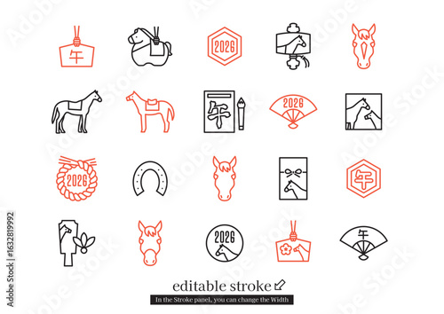 2026年午年のアイコンセット (編集可能なストローク)