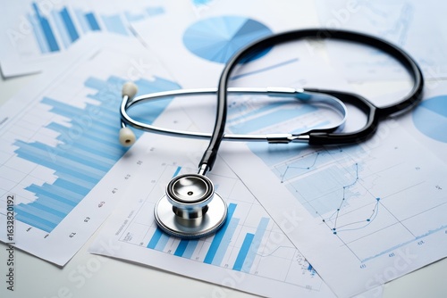 Medical data analysis with stethoscope and charts for healthcare investments plan
