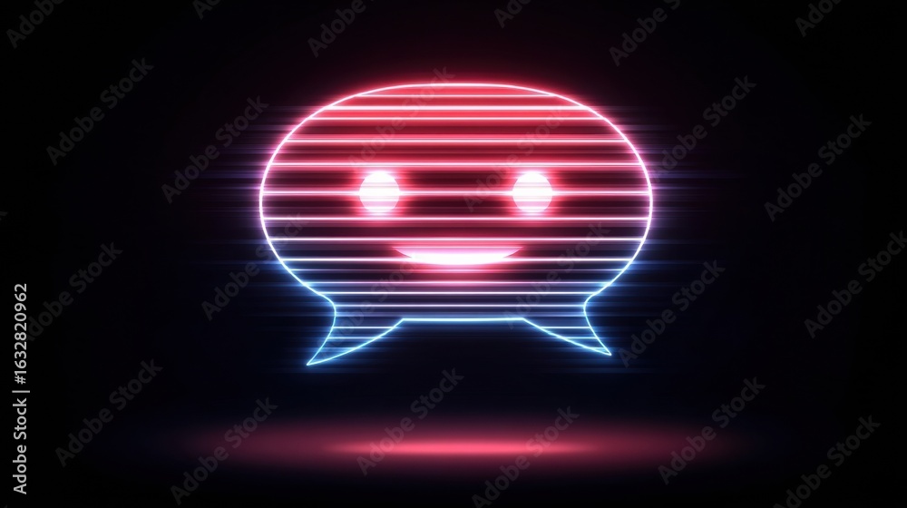 Obraz premium Colorful Neon Smiley Face in Gradient With Speech Bubble Design Against a Dark Background for Digital Communication Themes