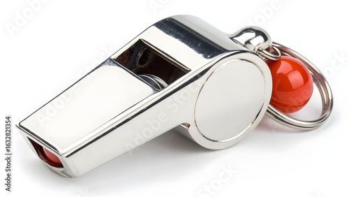 A shiny silver metal sports whistle, highly polished to a mirror-like finish, isolated on a clean white background