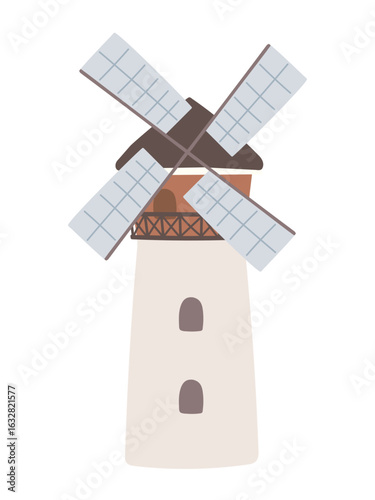 牧場に立つおしゃれな赤い風車のカントリー風イラスト素材