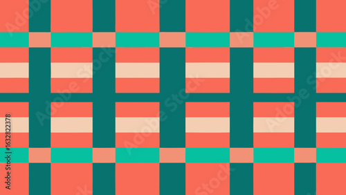 Seamless geometric pattern with coral teal and beige plaid squares and stripes