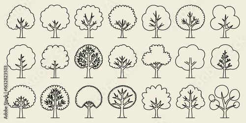 Hand drawn tree icon set with various shapes and outlines, black and white doodle style trees collection for design and decoration

