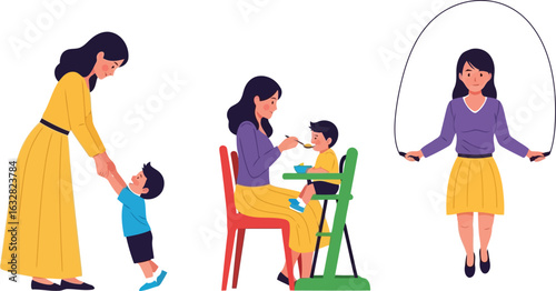 Vector illustration flat vector art of mother playing, feeding, and jumping rope with her child