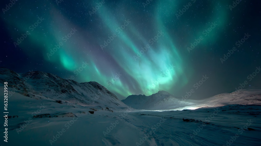 Naklejka premium Northern Lights: Aurora Borealis in Snowy Landscape with Starry Night and Green Hues in Polar Region - Perfect Nature Photography Travel Destination for Exploration and Adventure